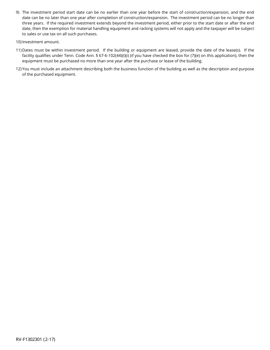 Form RV-F1302301 Application for Material Handling and Racking Systems Sales and Use Tax Exemption - Tennessee, Page 3