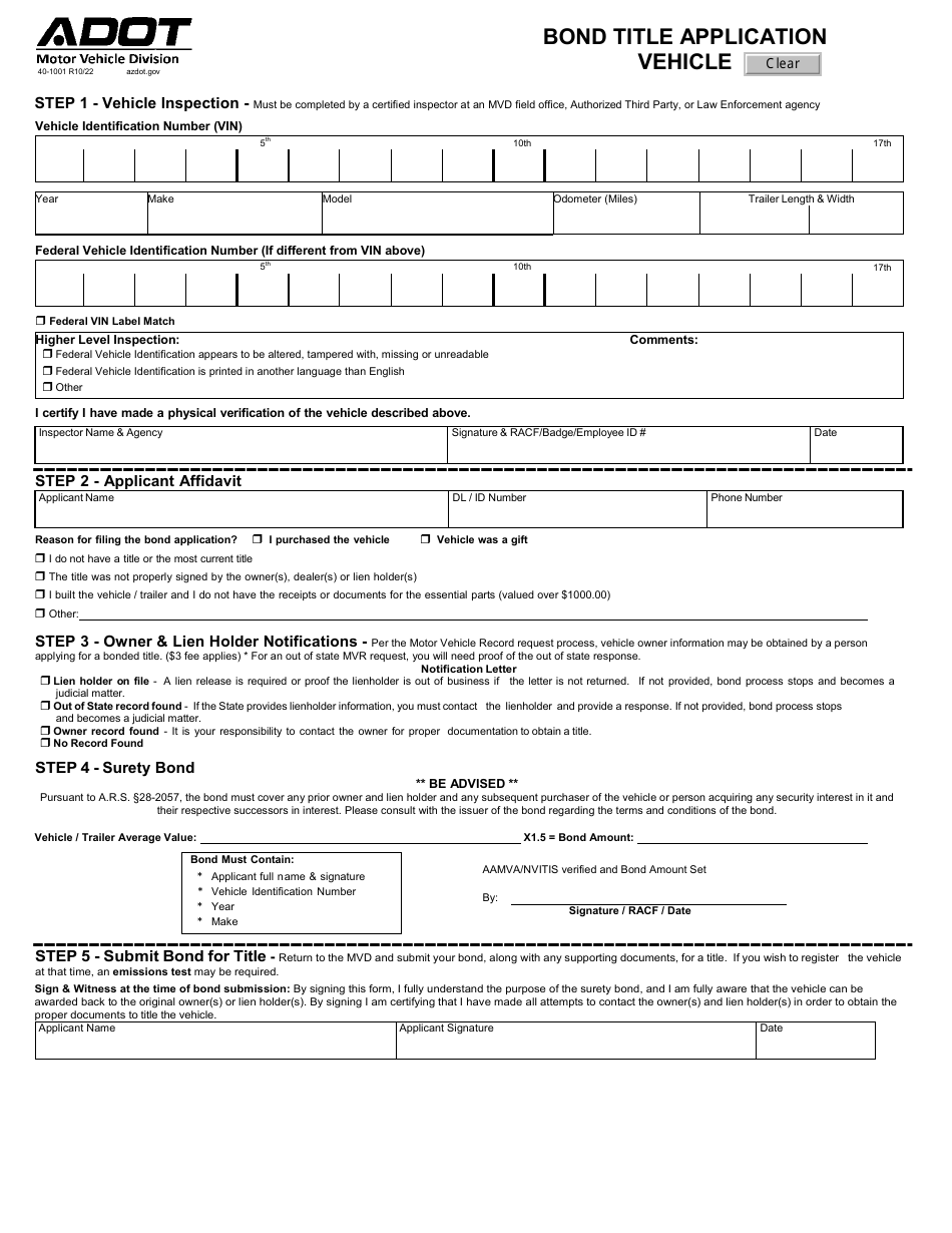 Form 40-1001 Bonded Title Application - Vehicle - Arizona, Page 1
