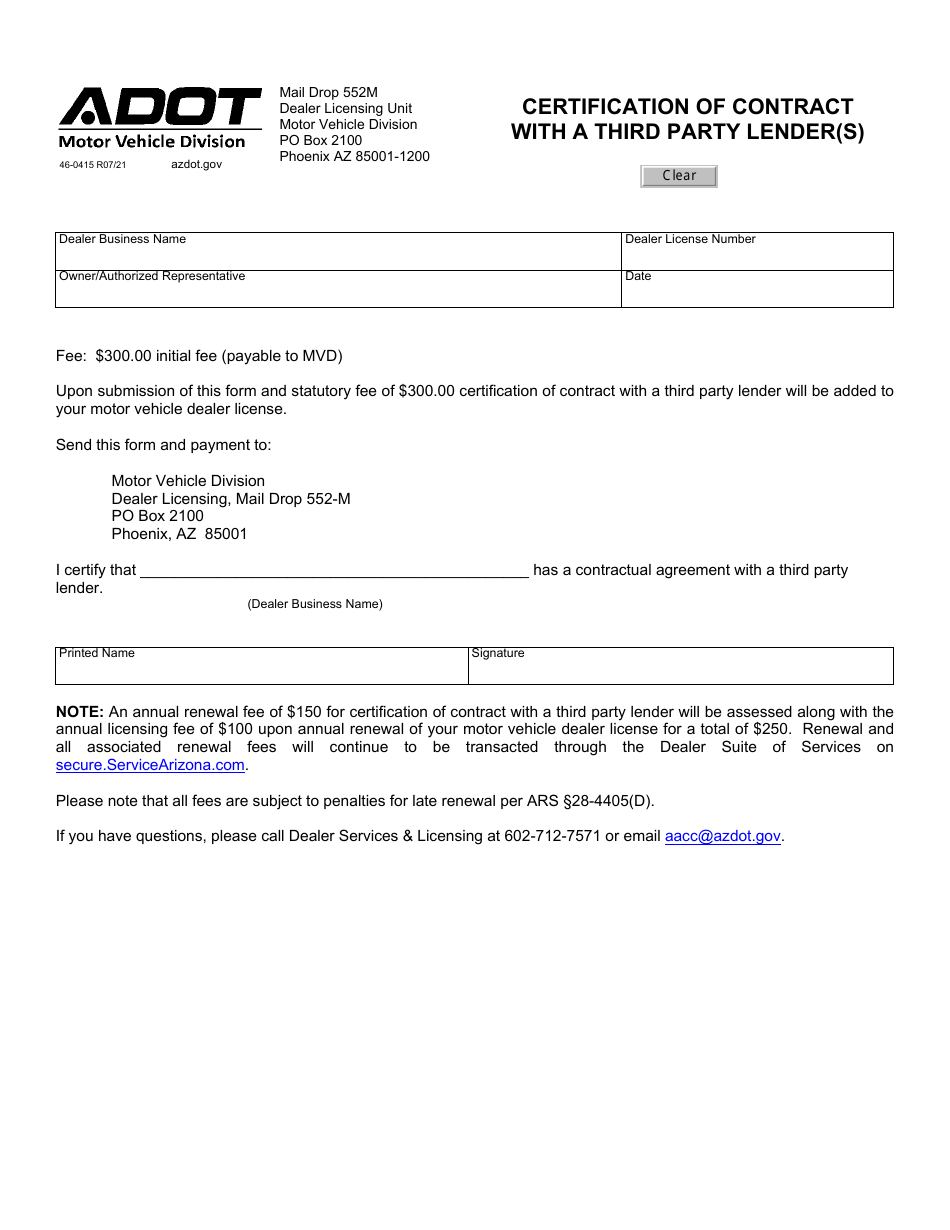 Form 46-0415 Certification of Contract With a Third Party Lender(S) - Arizona, Page 1