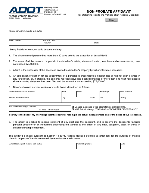 Form 32-6901 Non-probate Affidavit for Obtaining Title to the Vehicle of an Arizona Decedent - Arizona
