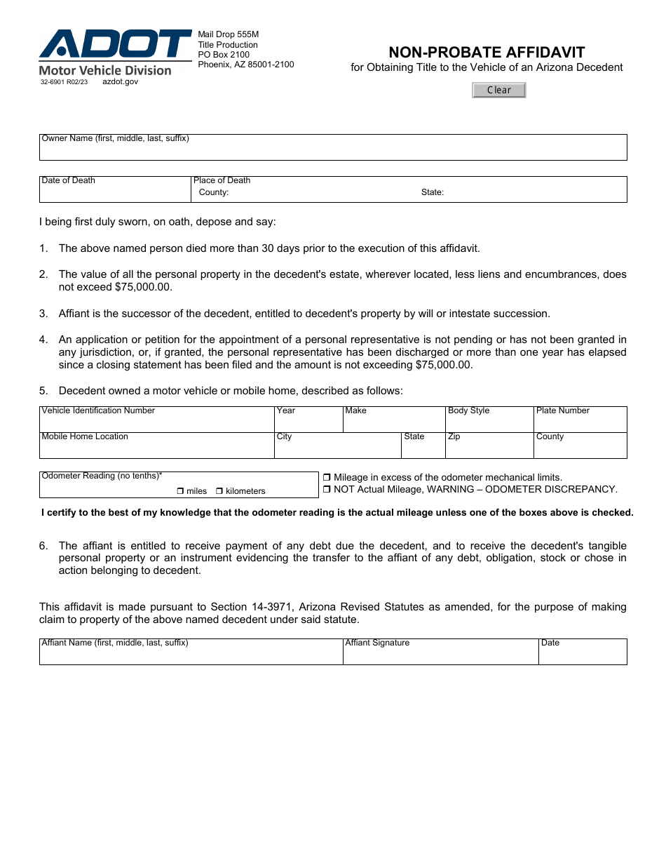 Form 32-6901 Non-probate Affidavit for Obtaining Title to the Vehicle of an Arizona Decedent - Arizona, Page 1