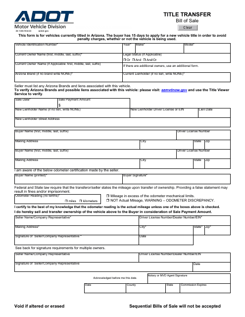 Form 38-1306 Title Transfer Bill of Sale - Arizona