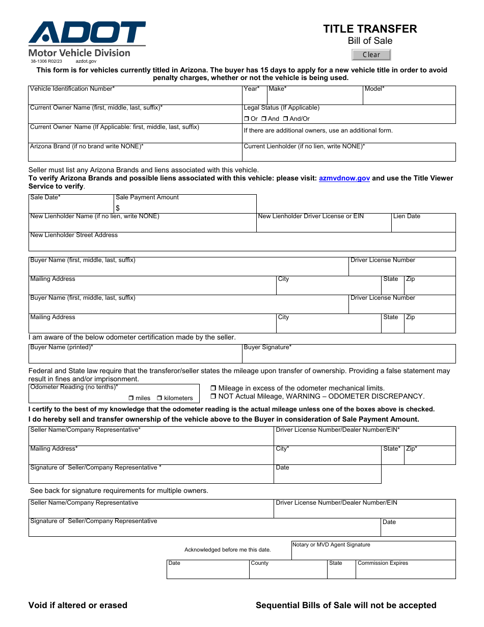 Form 381306 Download Fillable PDF or Fill Online Title Transfer Bill