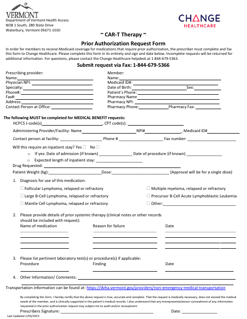 Car-T Therapy Prior Authorization Request Form - Vermont Download Pdf