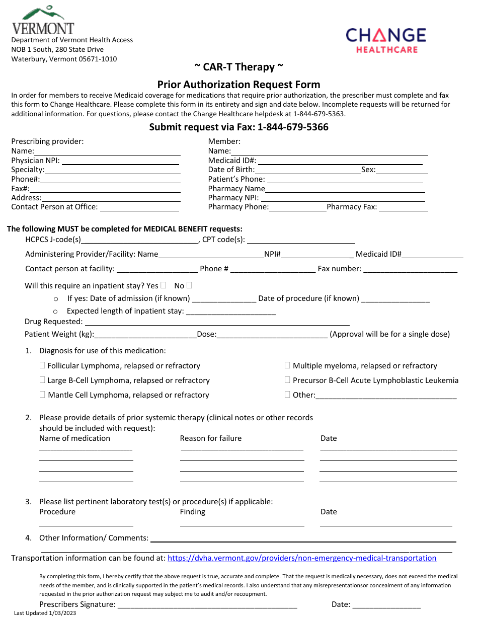 Car-T Therapy Prior Authorization Request Form - Vermont, Page 1