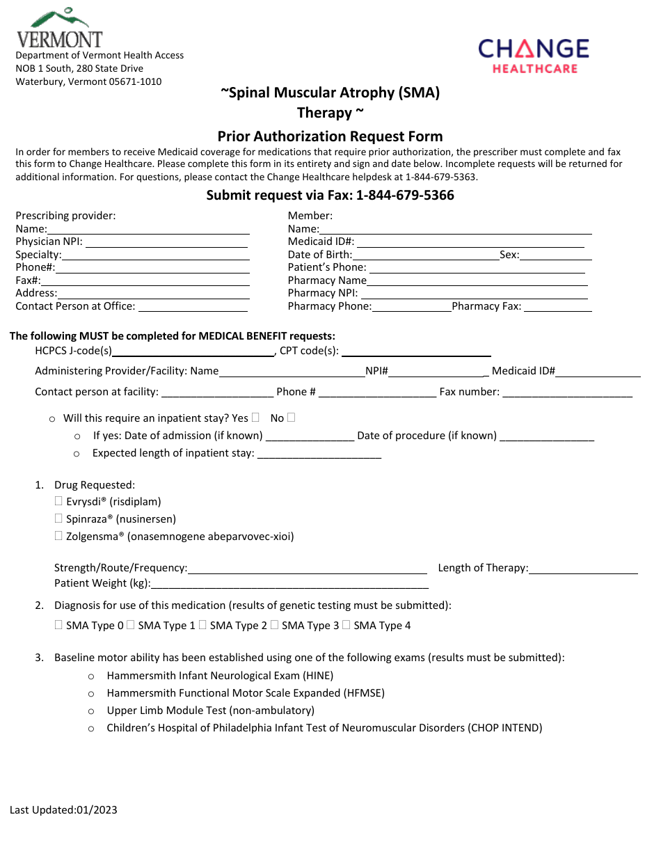 Spinal Muscular Atrophy (Sma) Therapy Prior Authorization Request Form - Vermont, Page 1