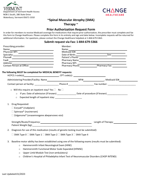 Spinal Muscular Atrophy (Sma) Therapy Prior Authorization Request Form - Vermont Download Pdf