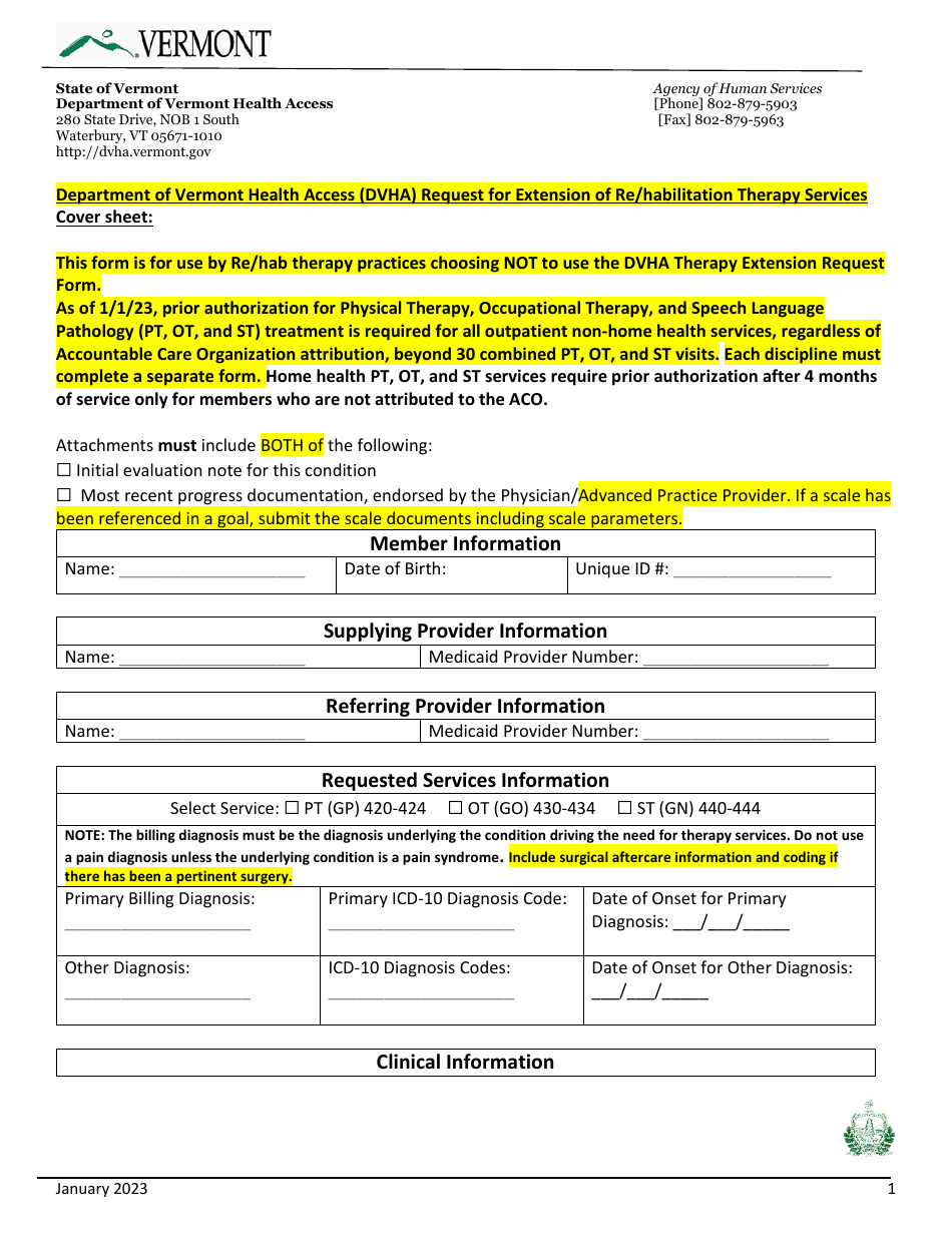 Request for Extension of Re / Habilitation Therapy Services Cover Sheet - Vermont, Page 1