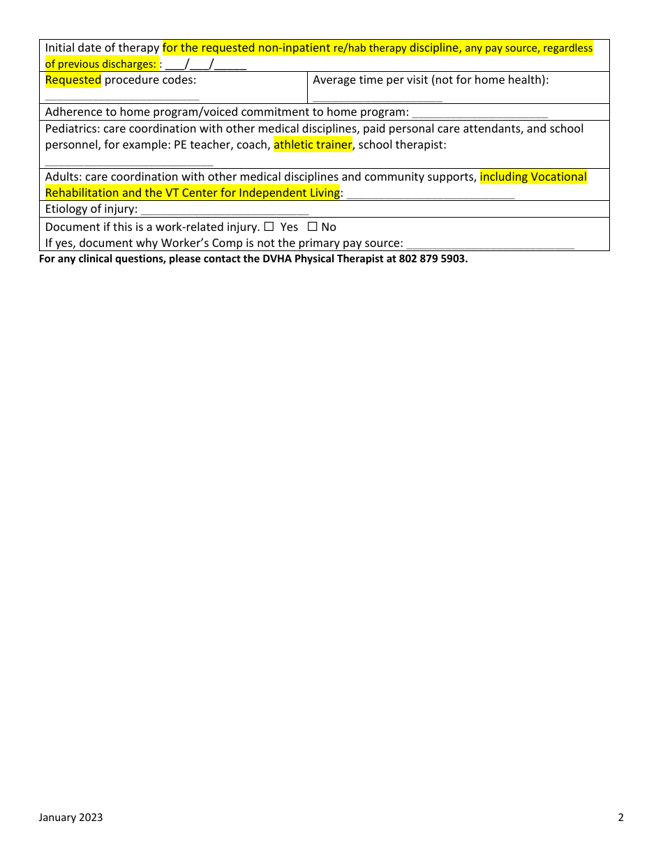 Request for Extension of Re / Habilitation Therapy Services Cover Sheet - Vermont, Page 2