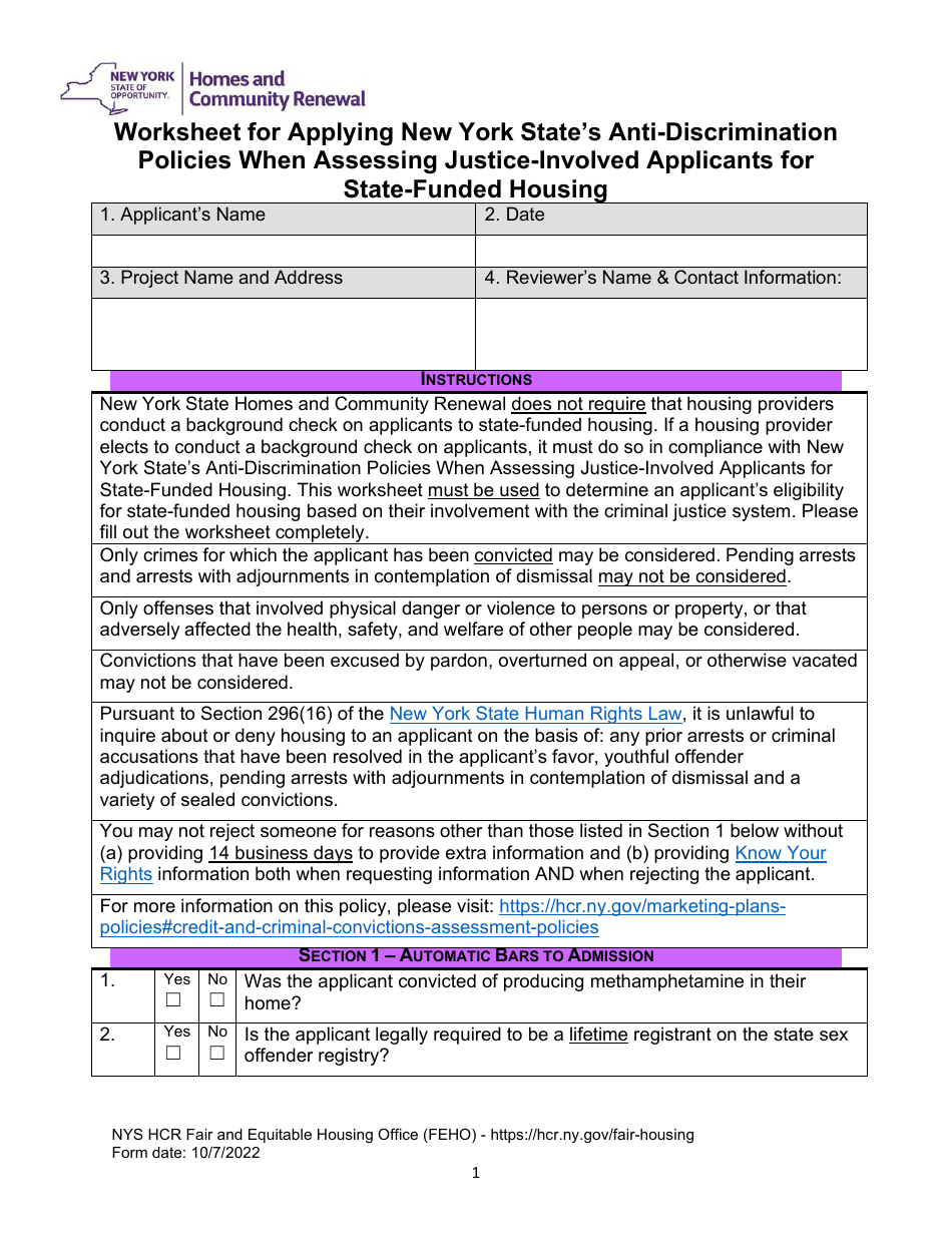 Worksheet for Applying New York States Anti-discrimination Policies When Assessing Justice-Involved Applicants for State-Funded Housing - New York, Page 1