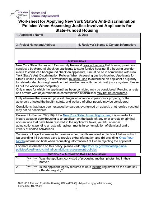 Worksheet for Applying New York State's Anti-discrimination Policies When Assessing Justice-Involved Applicants for State-Funded Housing - New York