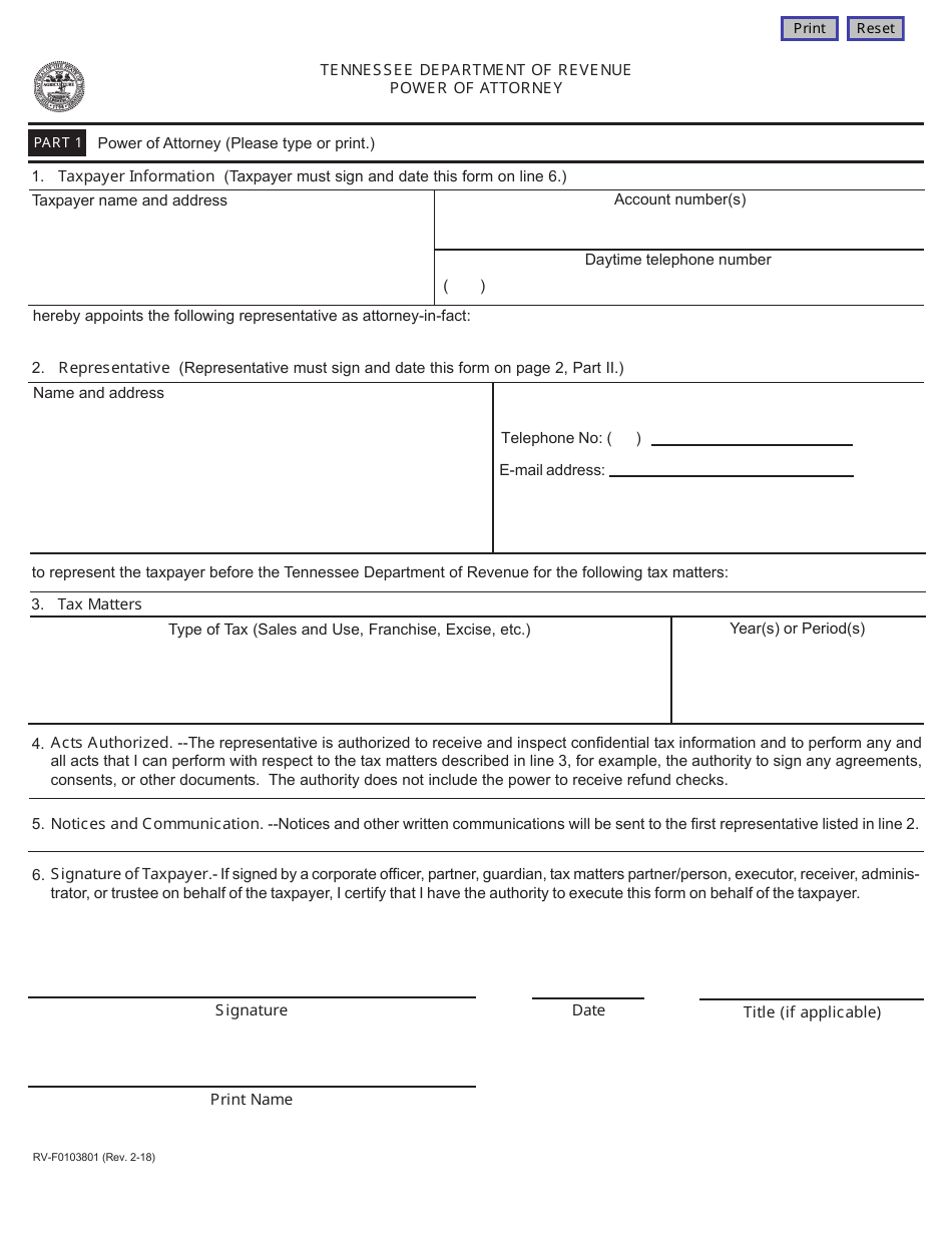 Form RV-F0103801 Power of Attorney - Tennessee, Page 1