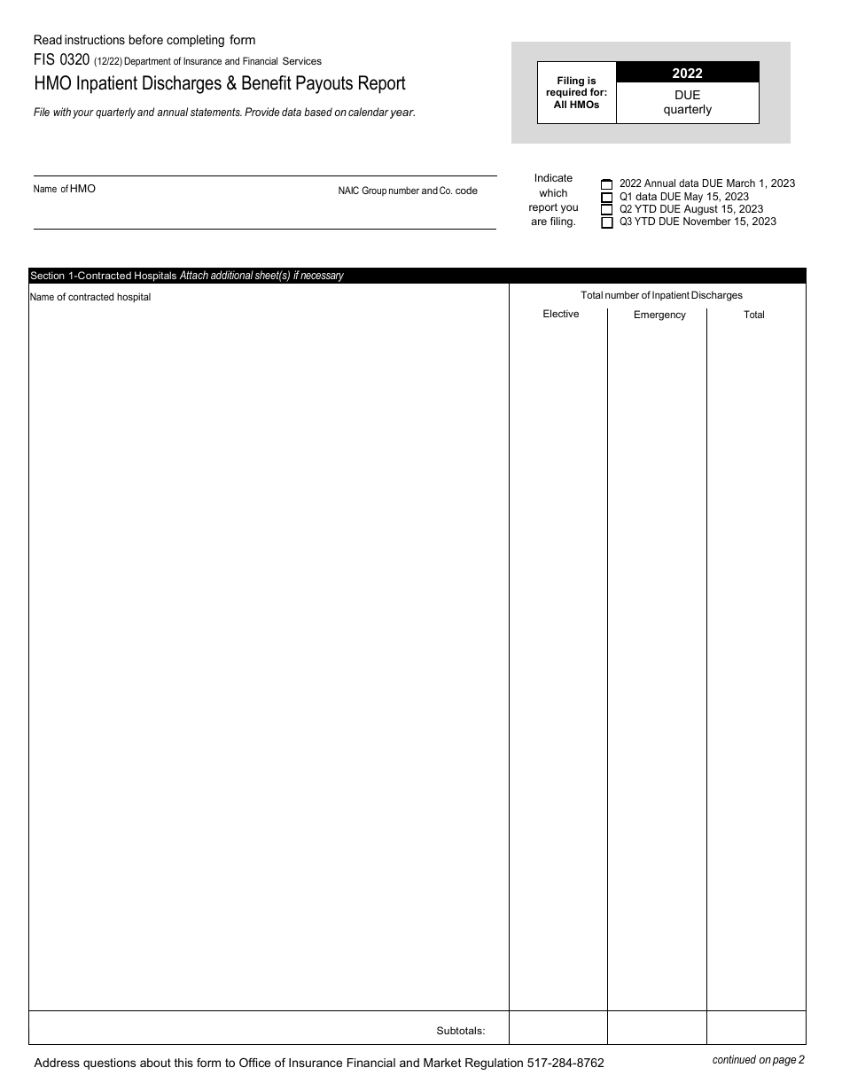 Form FIS0320 HMO Inpatient Discharges  Benefit Payouts Report - Michigan, Page 1