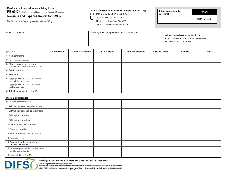 Form FIS0317 Revenue and Expense Report for Hmos - Michigan, Page 1