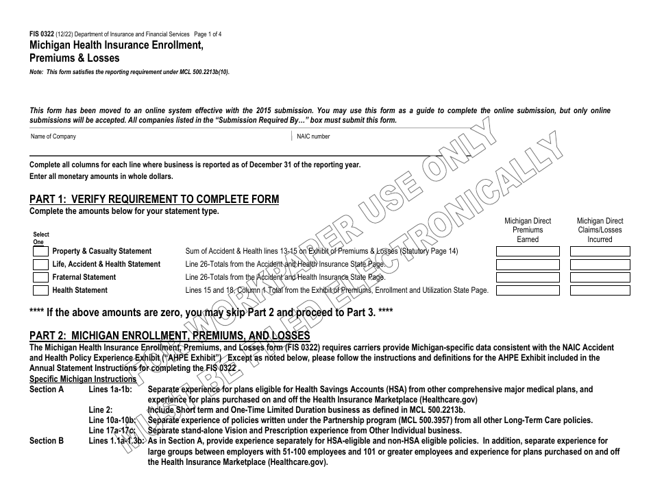 Form FIS0322 Michigan Health Insurance Enrollment, Premiums  Losses - Michigan, Page 1