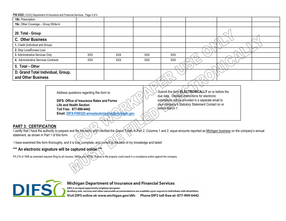 Form FIS0322 Michigan Health Insurance Enrollment, Premiums  Losses - Michigan, Page 4
