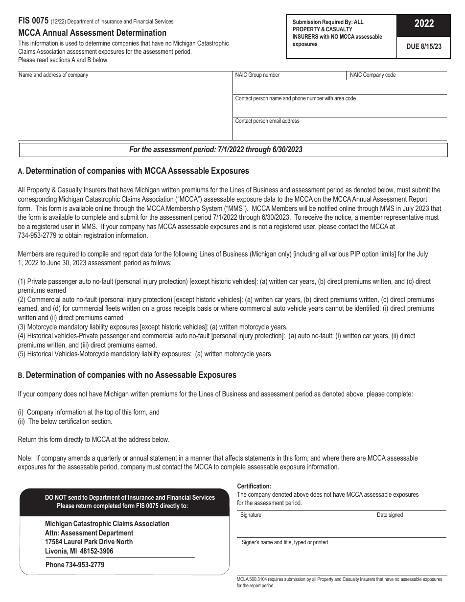 Form FIS0075 Mcca Annual Assessment Determination - Michigan, Page 1