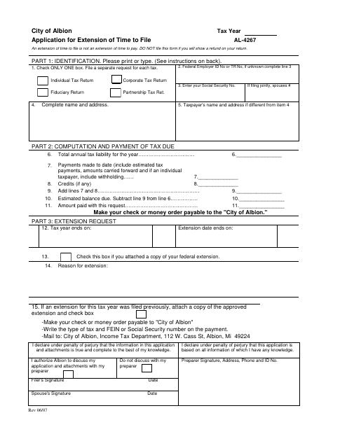 Form AL-4267 Application for Extension of Time to File - City of Albion, Michigan