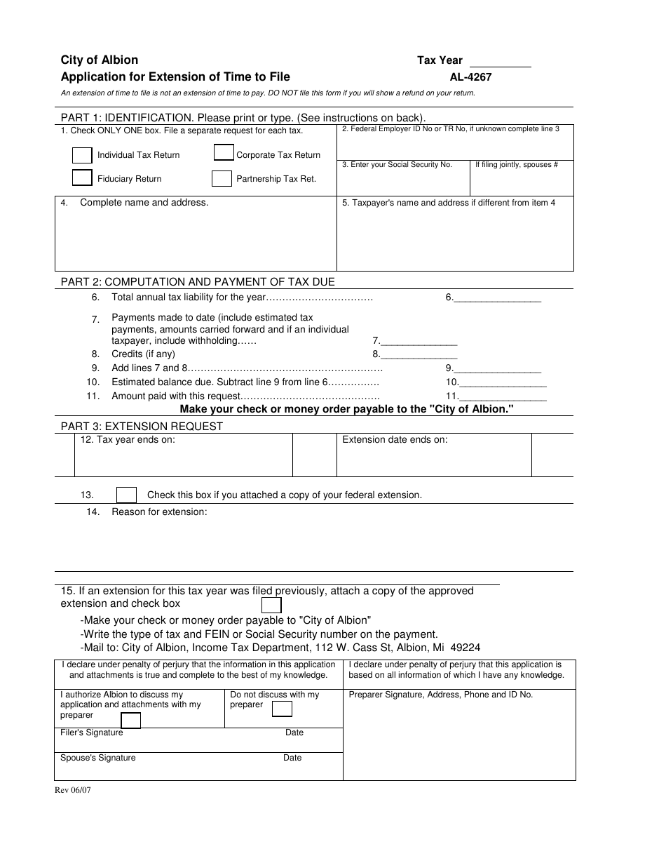 Form AL-4267 Application for Extension of Time to File - City of Albion, Michigan, Page 1