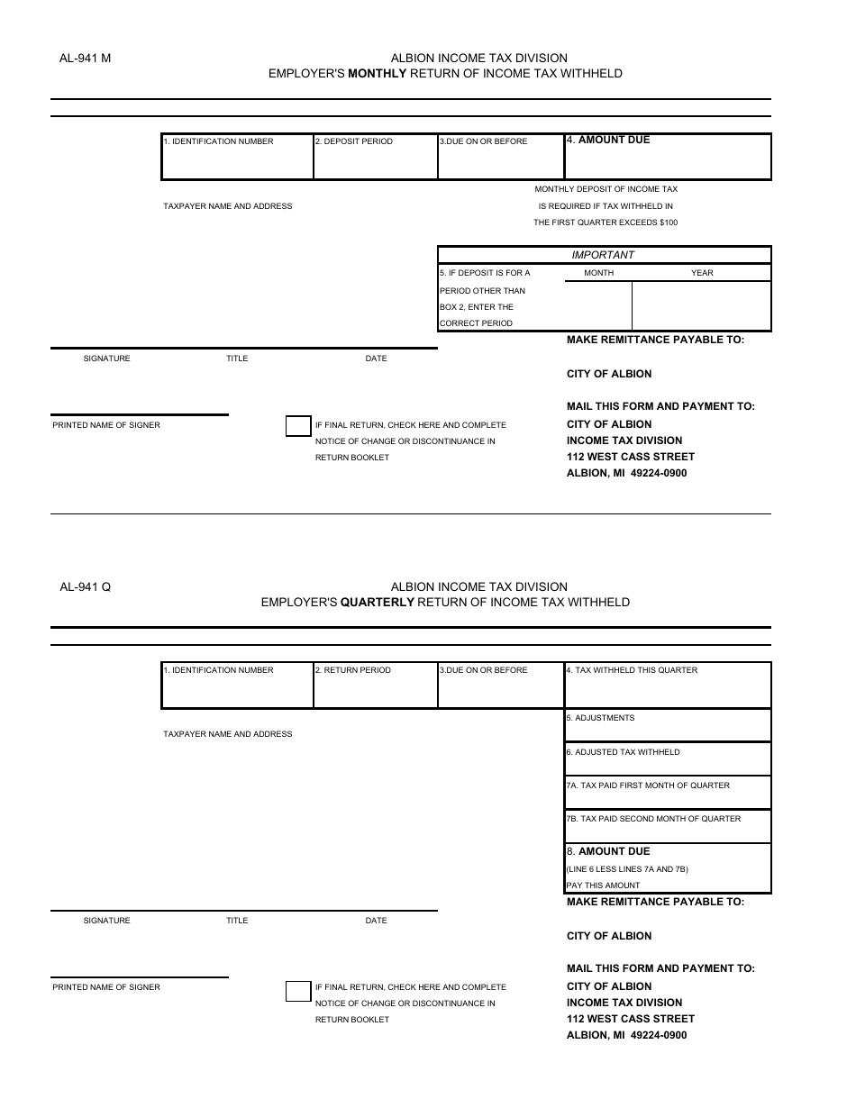 Form AL-941 Withholding Payment Voucher - City of Albion, Michigan, Page 1
