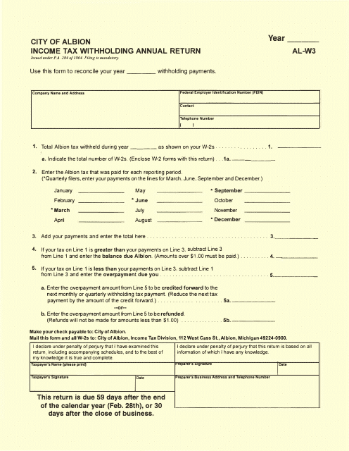 Form AL-W3 Income Tax Withholding Annual Return - City of Albion, Michigan
