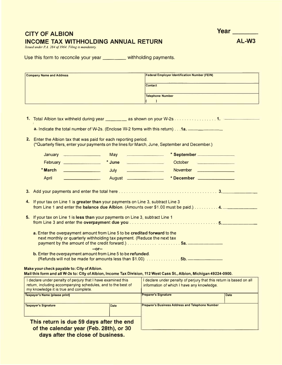 Form AL-W3 Income Tax Withholding Annual Return - City of Albion, Michigan, Page 1