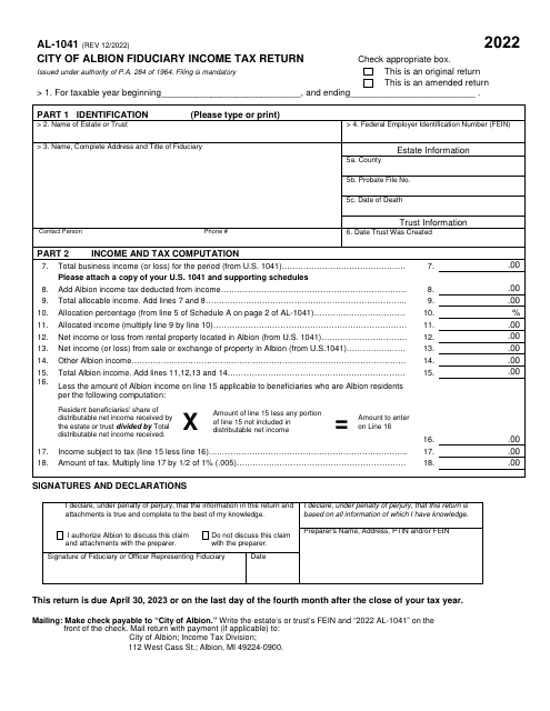 Form AL-1041 Fiduciary Income Tax Return - City of Albion, Michigan, 2022