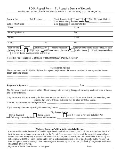 Foia Appeal Form - to Appeal a Denial of Records - City of Albion, Michigan Download Pdf