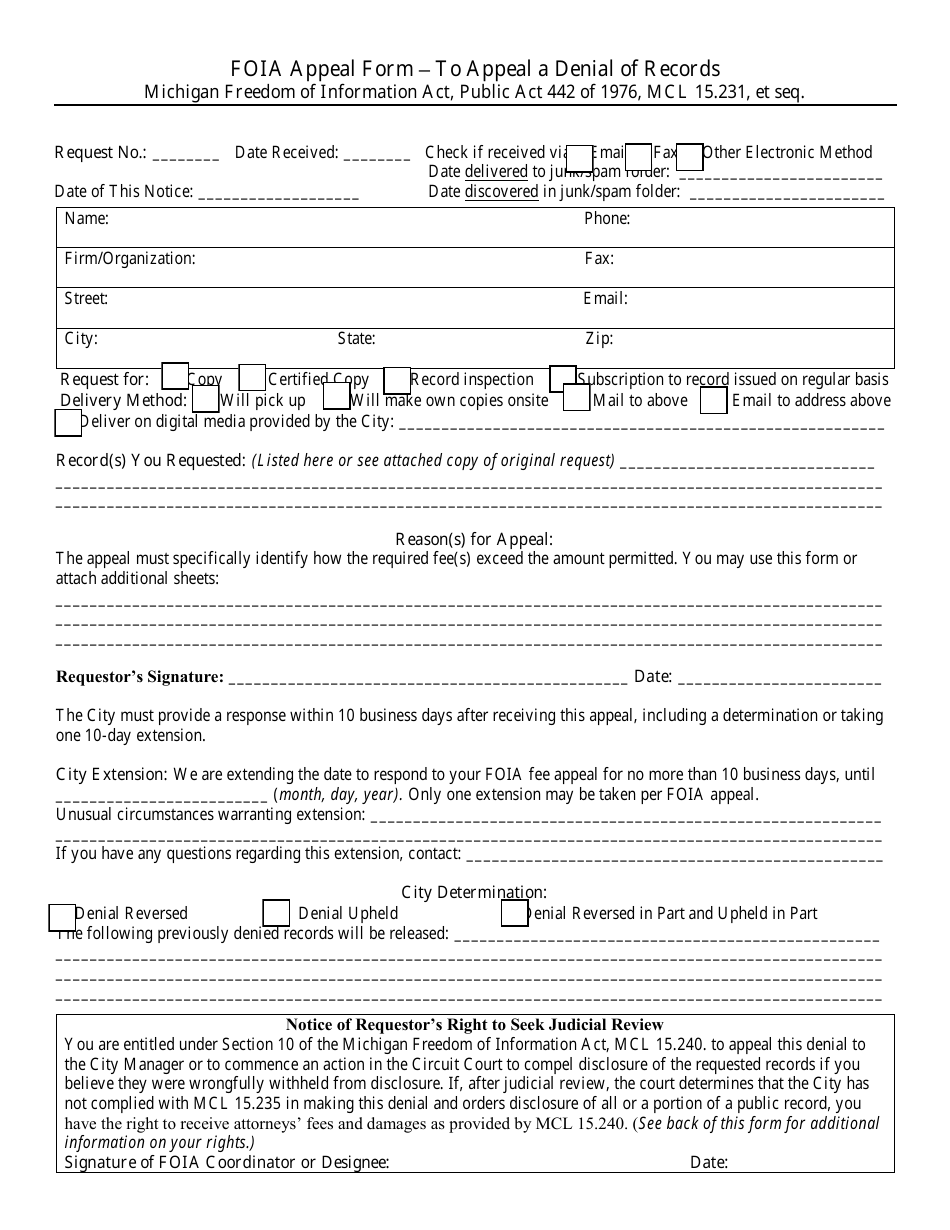 Foia Appeal Form - to Appeal a Denial of Records - City of Albion, Michigan, Page 1