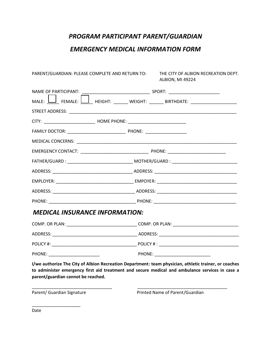 Program Participant Parent / Guardian Emergency Medical Information Form - City of Albion, Michigan, Page 1
