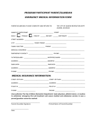 Document preview: Program Participant Parent/Guardian Emergency Medical Information Form - City of Albion, Michigan