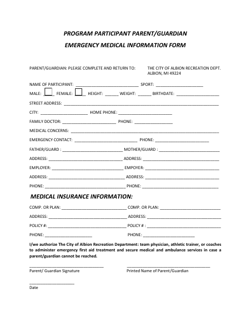 Program Participant Parent / Guardian Emergency Medical Information Form - City of Albion, Michigan Download Pdf