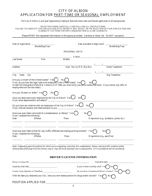 Application for Part-Time or Seasonal Employment - City of Albion, Michigan Download Pdf