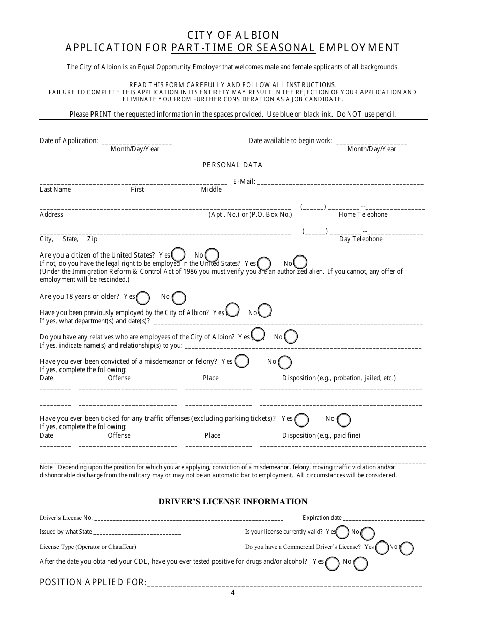 Application for Part-Time or Seasonal Employment - City of Albion, Michigan, Page 1