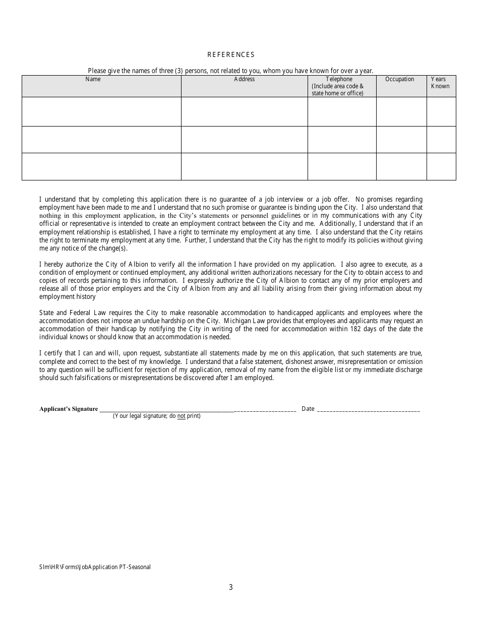 Application for Part-Time or Seasonal Employment - City of Albion, Michigan, Page 3