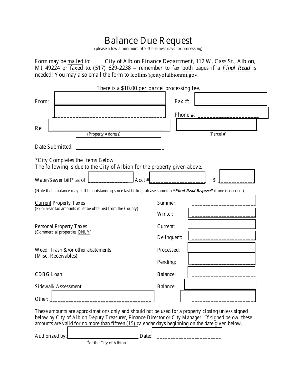 City Of Albion Michigan Balance Due Request Fill Out Sign Online And Download Pdf 0172