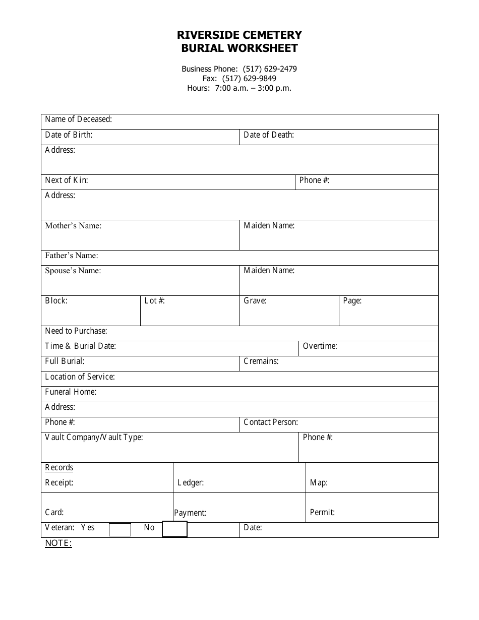 Riverside Cemetery Burial Worksheet - City of Albion, Michigan, Page 1