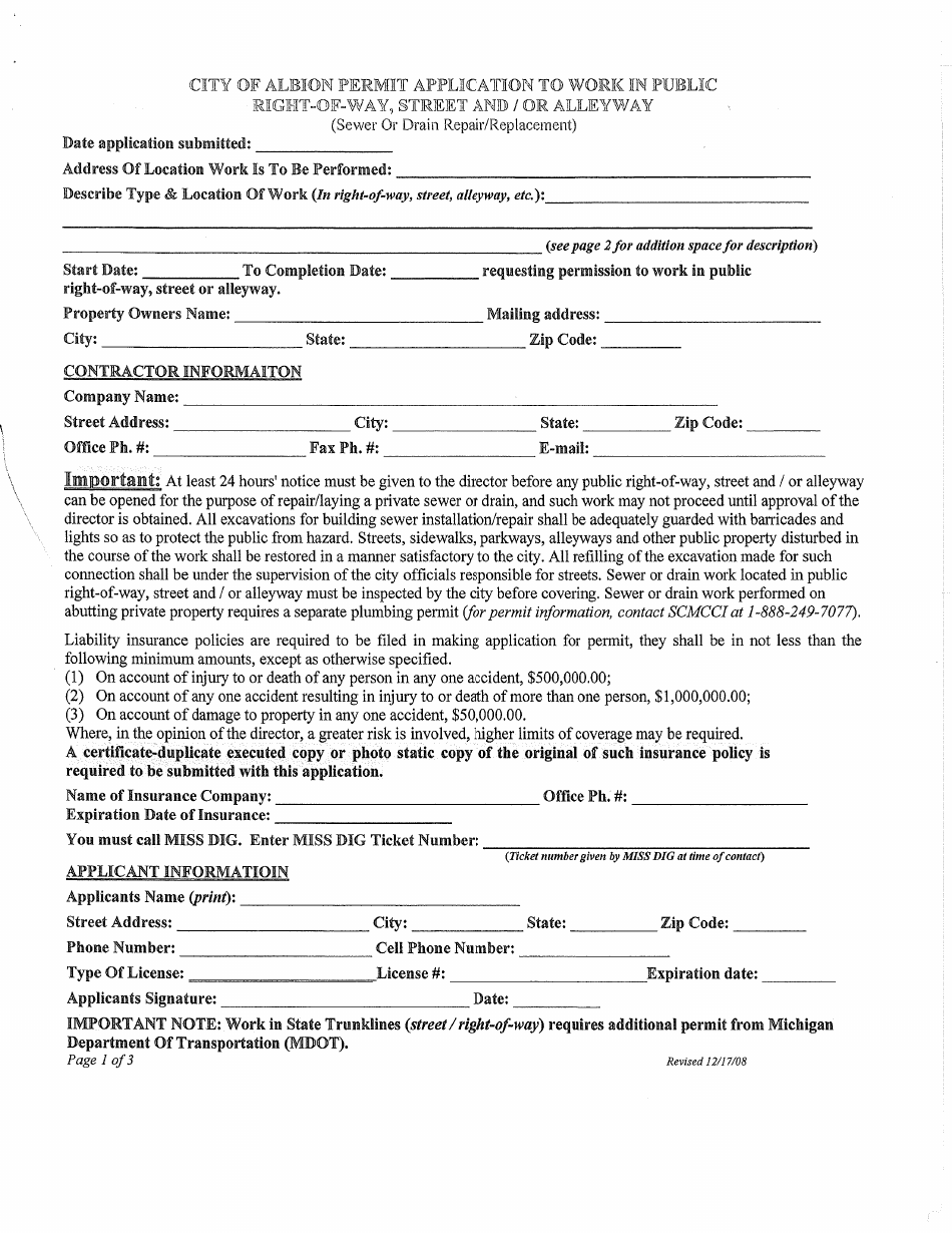 Permit Application to Work in Public Right-Of-Way, Street and / or Alleyway - City of Albion, Michigan, Page 1