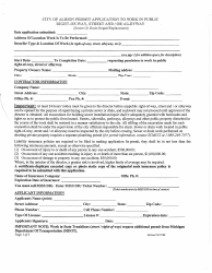 Document preview: Permit Application to Work in Public Right-Of-Way, Street and/or Alleyway - City of Albion, Michigan