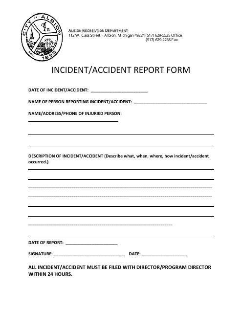 Incident / Accident Report Form - City of Albion, Michigan Download Pdf
