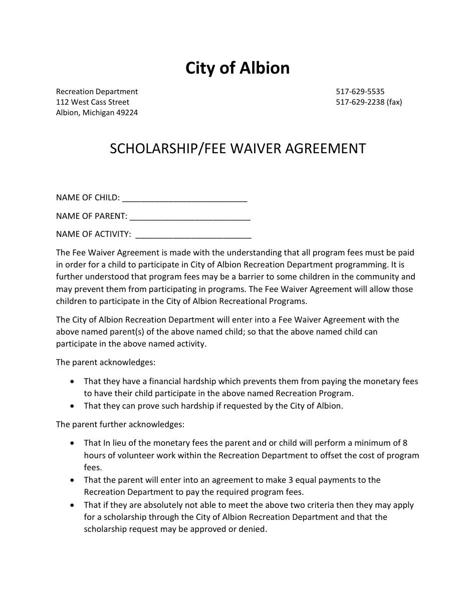 Scholarship / Fee Waiver Agreement - City of Albion, Michigan, Page 1