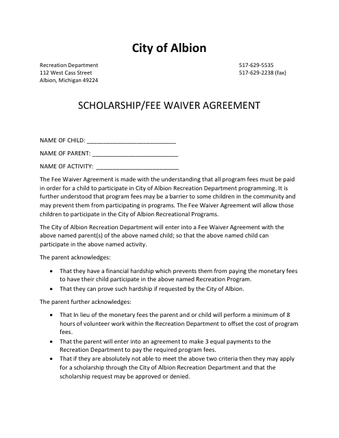 Scholarship / Fee Waiver Agreement - City of Albion, Michigan Download Pdf
