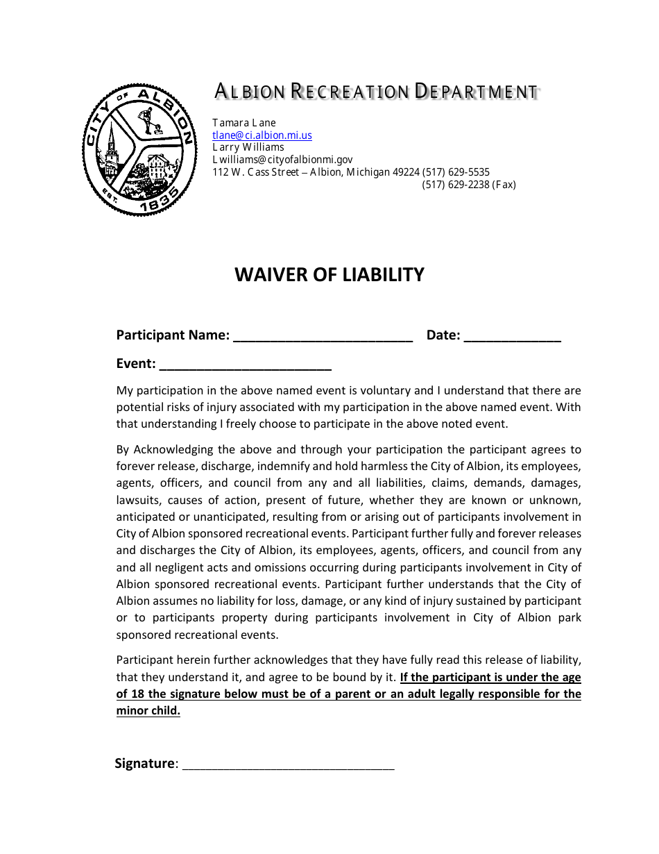 Waiver of Liability - City of Albion, Michigan, Page 1