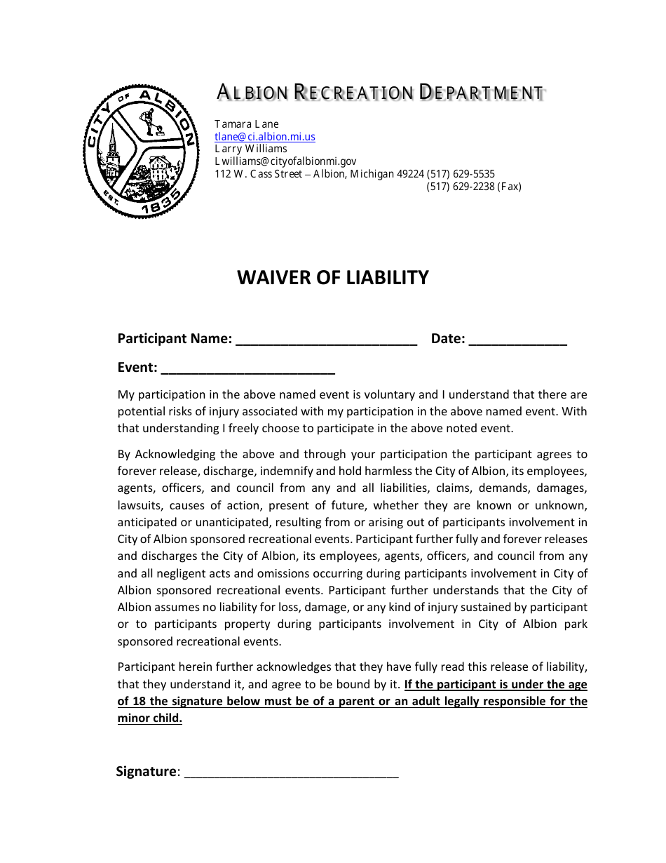 City of Albion, Michigan Waiver of Liability Fill Out, Sign Online