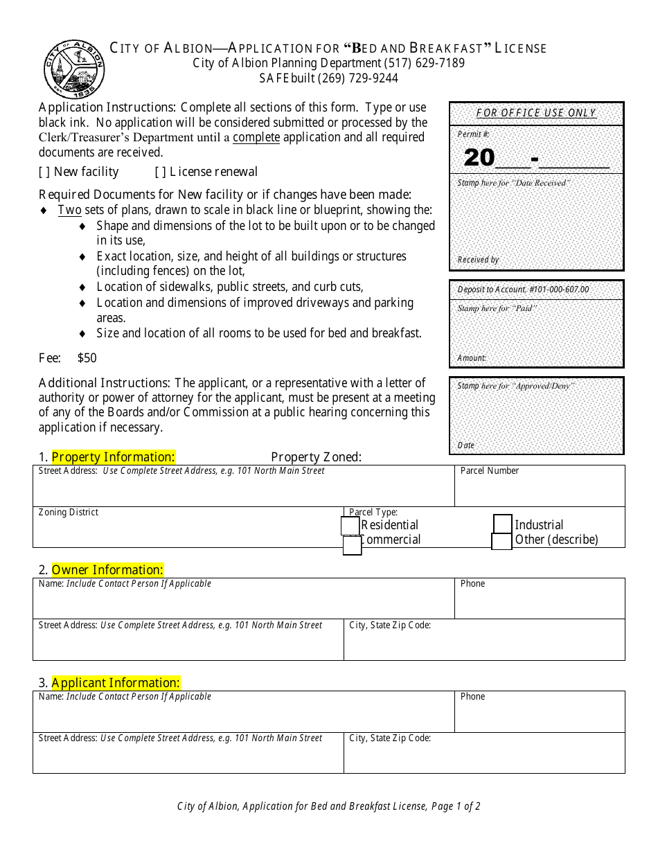 City of Albion, Michigan Application for "bed and Breakfast" License