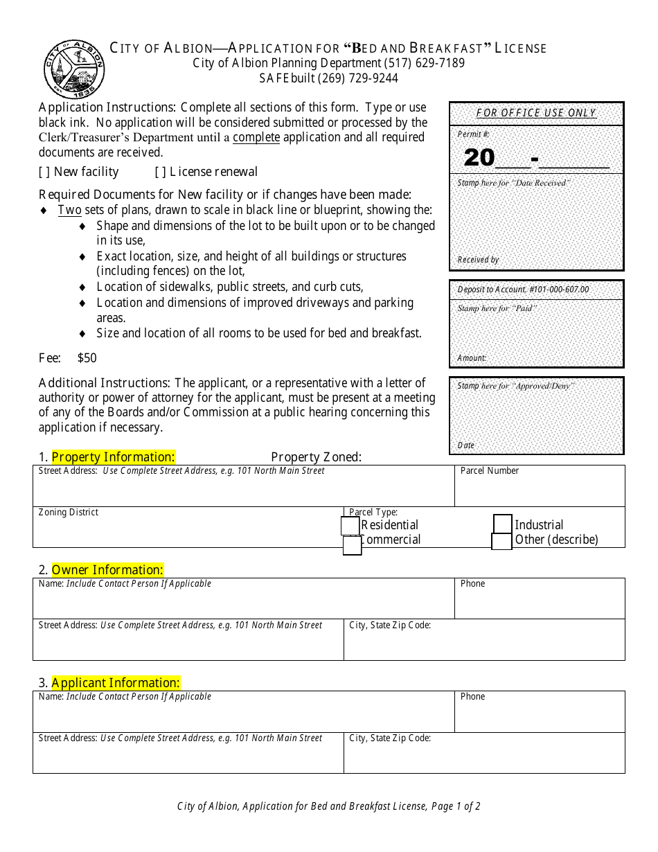 Application for bed and Breakfast License - City of Albion, Michigan, Page 1