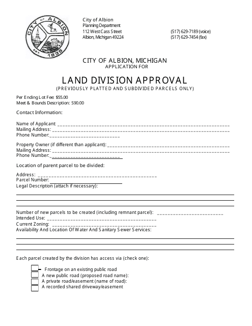 Application for Land Division Approval (Previously Platted and Subdivided Parcels Only) - City of Albion, Michigan