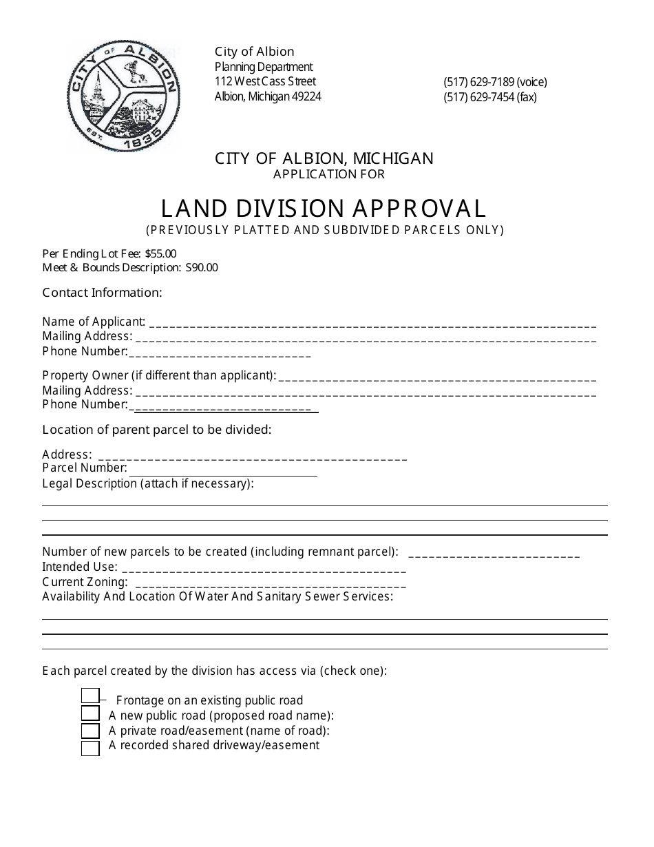 Application for Land Division Approval (Previously Platted and Subdivided Parcels Only) - City of Albion, Michigan, Page 1
