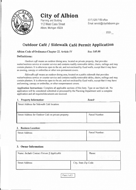Outdoor Cafe/Sidewalk Cafe Permit Application - City of Albion, Michigan, 2022