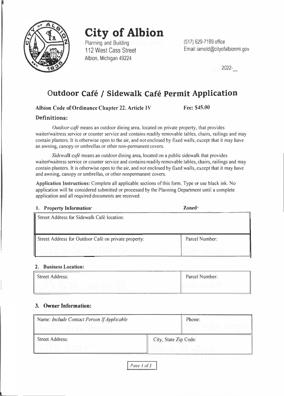 Outdoor Cafe / Sidewalk Cafe Permit Application - City of Albion, Michigan, Page 1